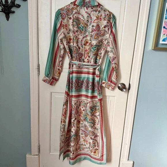 Zara Satin Foulard Paisley Maxi Dress Medium Shirt Dress Floral Belted